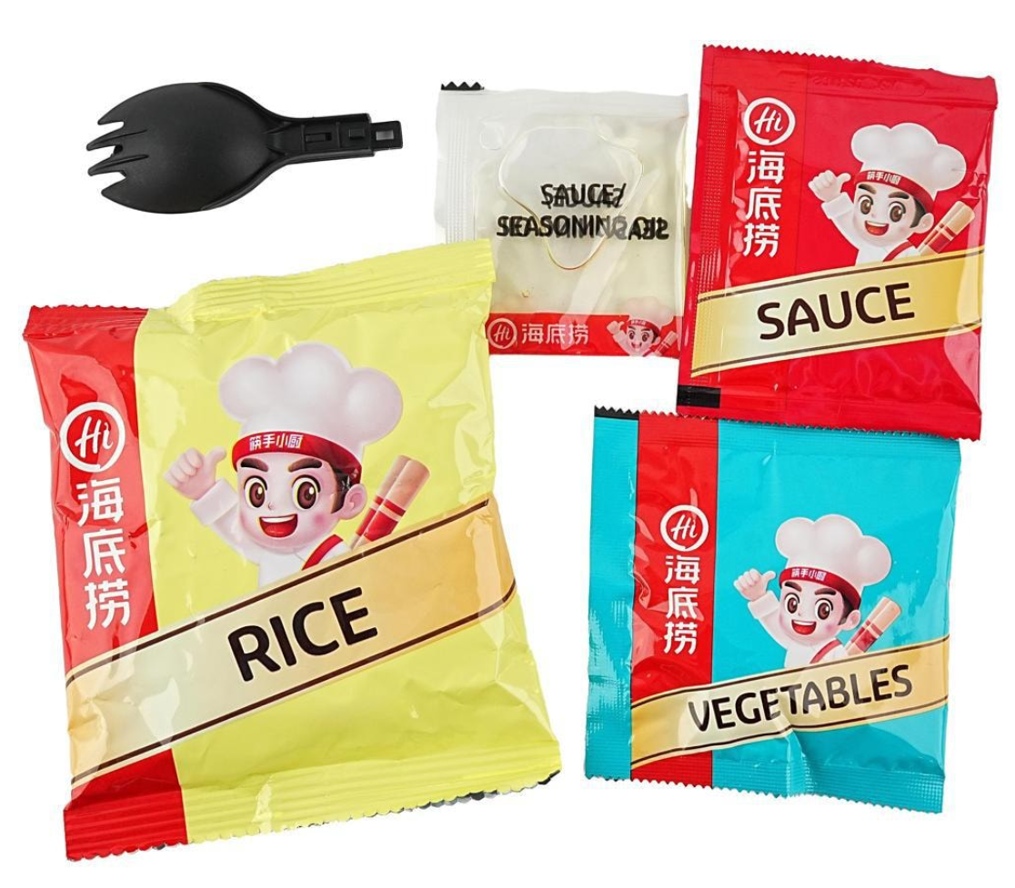 HAIDILAO Cup Rice contents: rice packet, vegetables packet, sauce packet, seasoning oil packet, and fork spoon