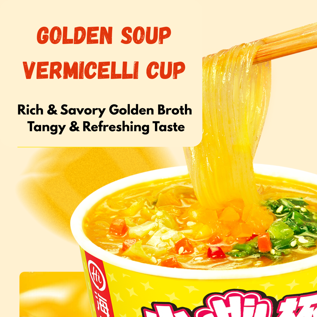 HAIDILAO Golden Soup Vermicelli Cup, rich savory golden broth, tangy and refreshing taste, noodles lifted with chopsticks