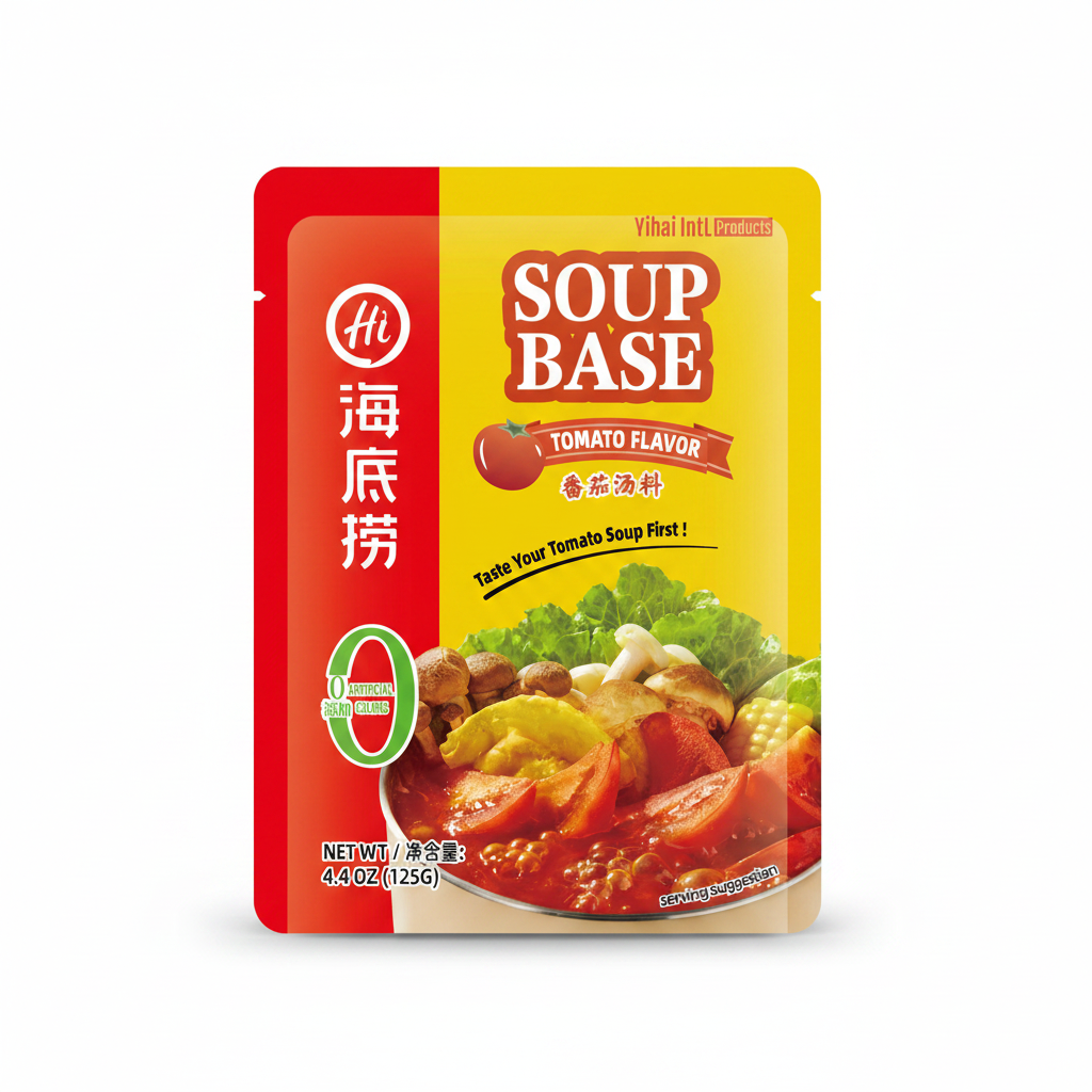 HAIDILAO Tomato Flavor Soup Base, 4.4oz (125g) package front with tomato hot pot ingredients