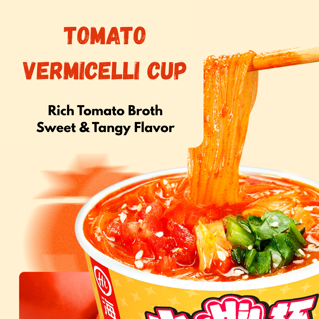 HAIDILAO Tomato Vermicelli Cup, rich tomato broth, sweet and tangy flavor, noodles lifted with chopsticks