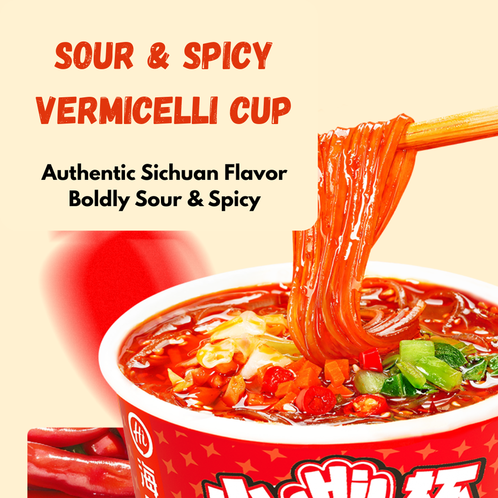 HAIDILAO Sour and Spicy Vermicelli Cup, authentic Sichuan flavor, noodles lifted with chopsticks from a cup with vegetables and chili