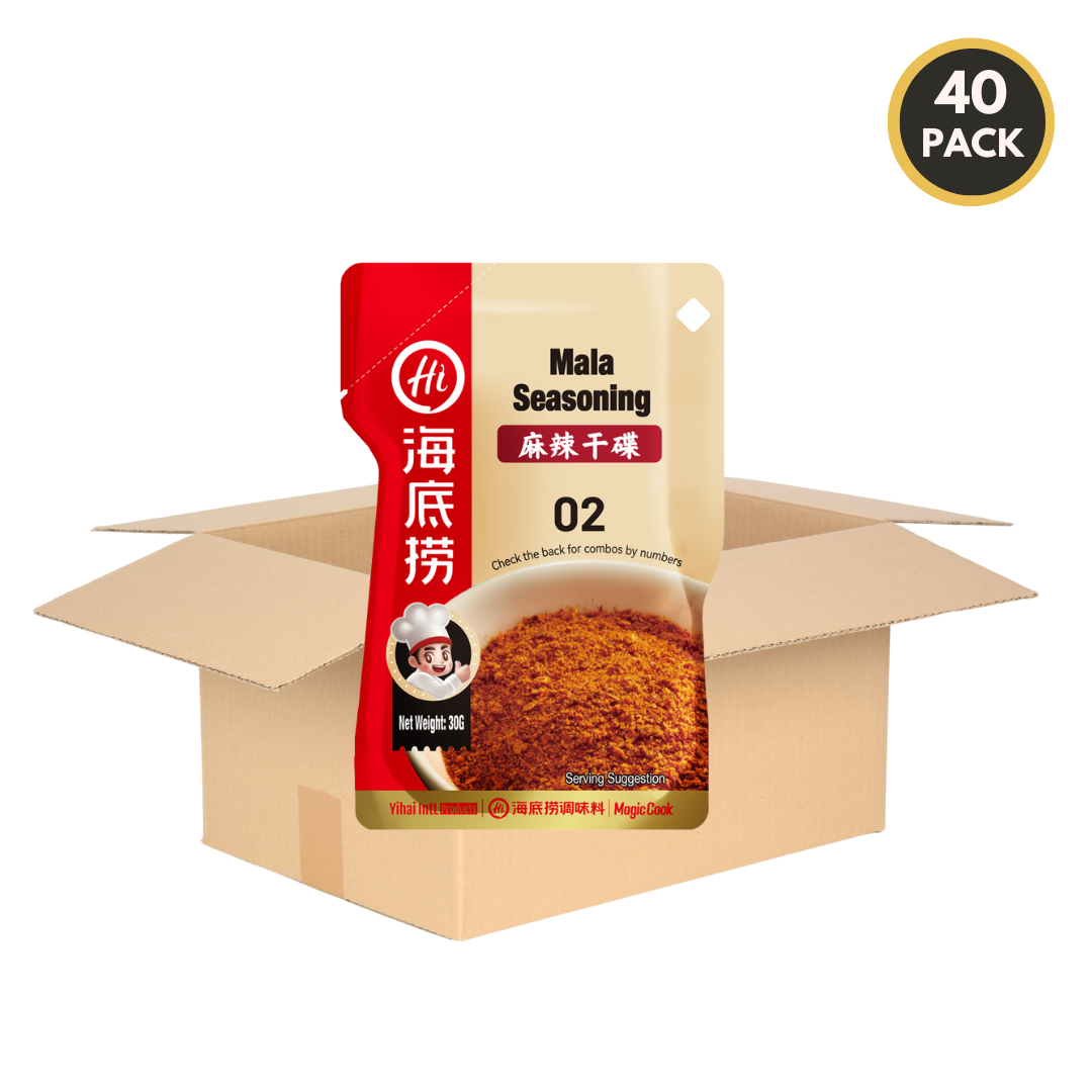 40-pack case of HAIDILAO Mala Seasoning with open shipping box