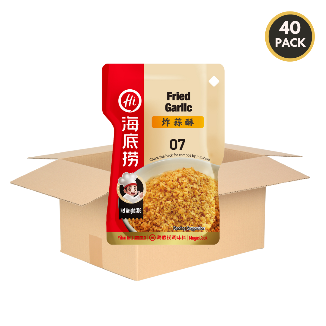 40-pack case of HAIDILAO Fried Garlic with open shipping box