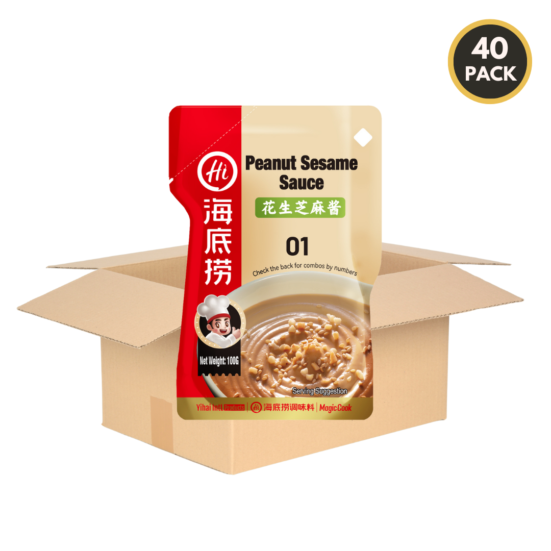 40-pack case of HAIDILAO Peanut Sesame Sauce with open shipping box