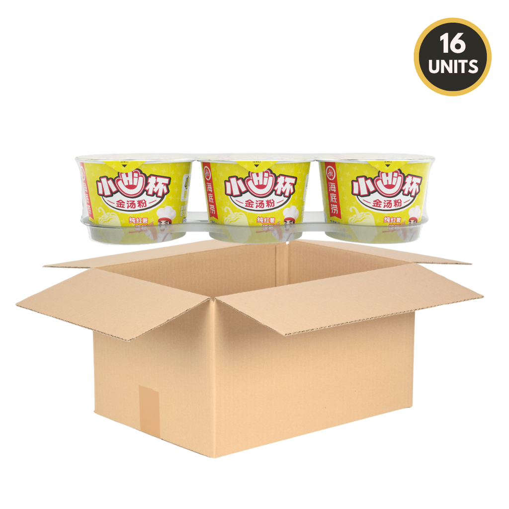 16-unit case of HAIDILAO Mini Cup Golden Sour Soup Vermicelli with open shipping box