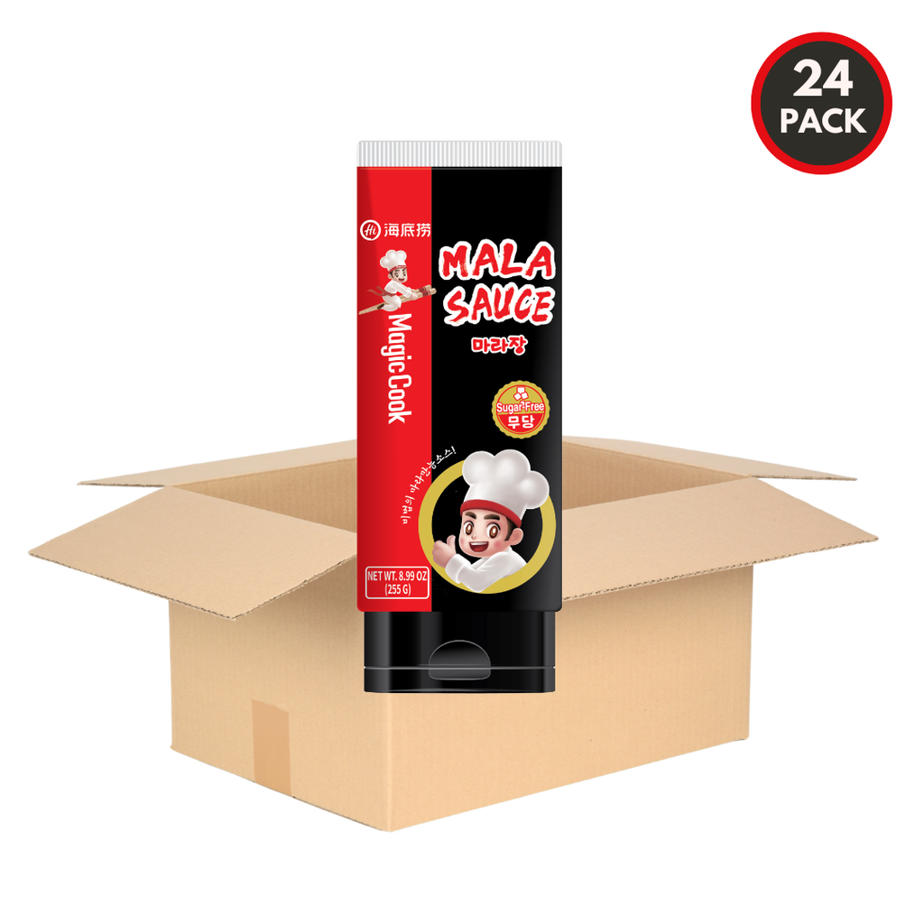 Bulk case of 24 HAIDILAO Magic Cook Mala Sauce squeeze tubes shown with shipping box