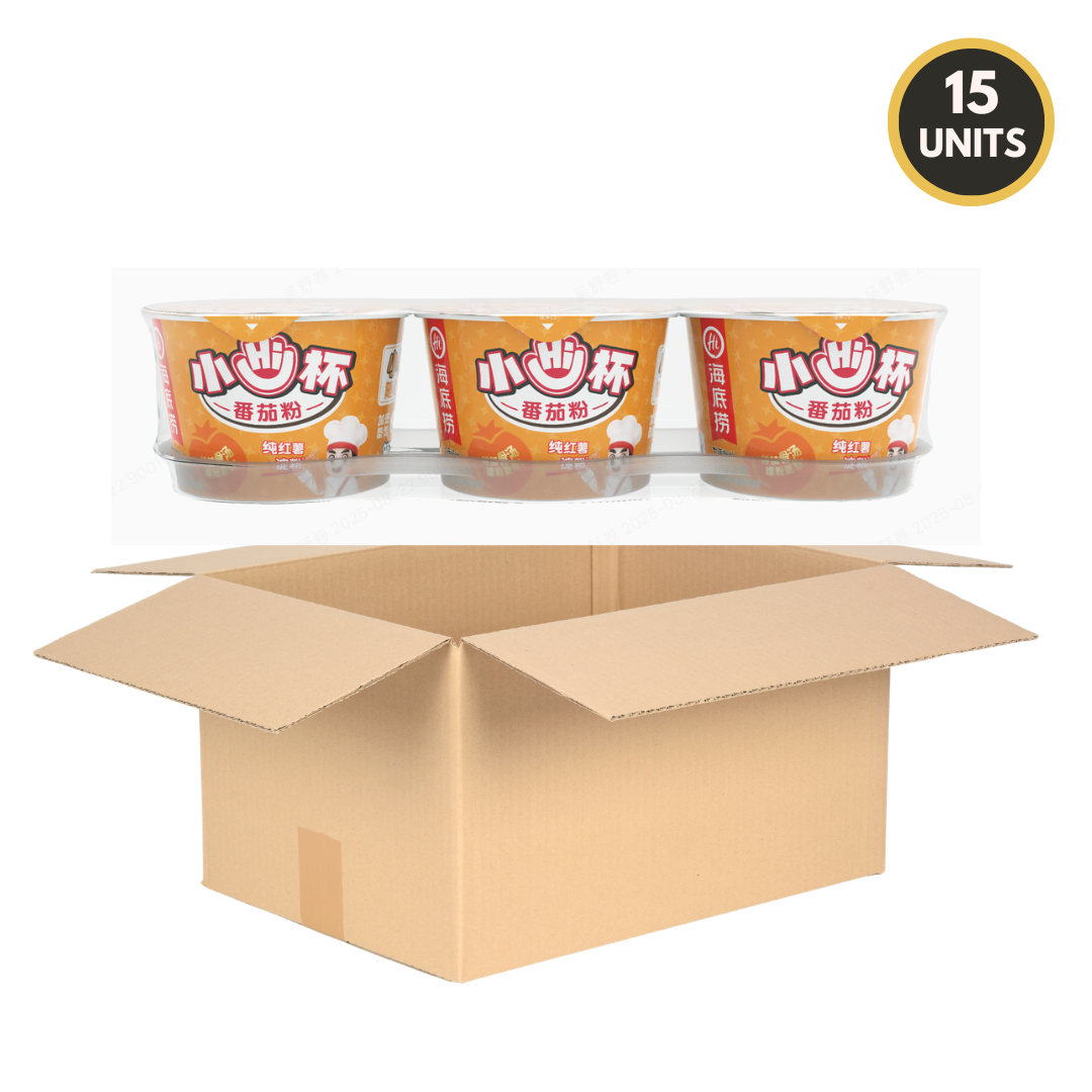 15-unit case of HAIDILAO Mini Cup Tomato Vermicelli with open shipping box