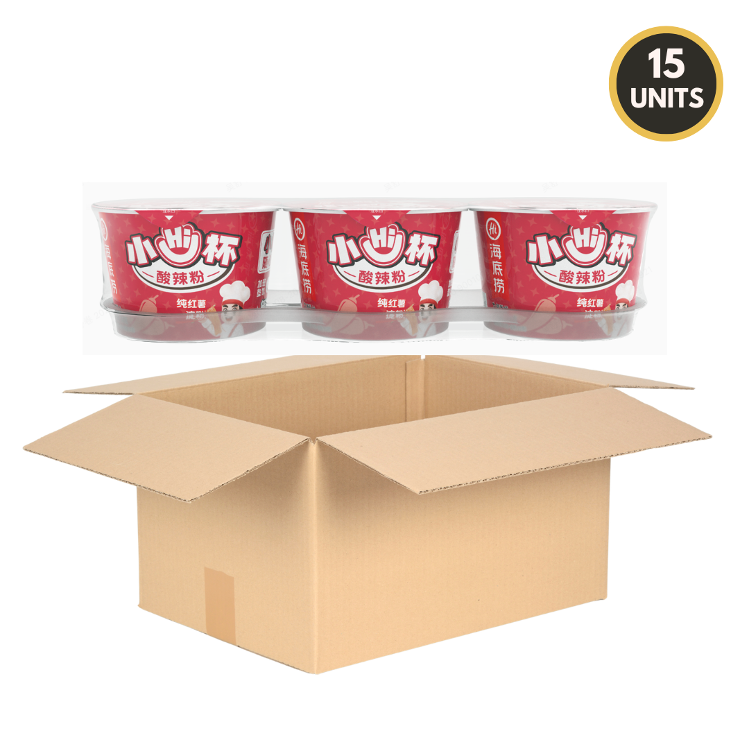 15-unit case of HAIDILAO Mini Cup Hot and Sour Vermicelli with open shipping box