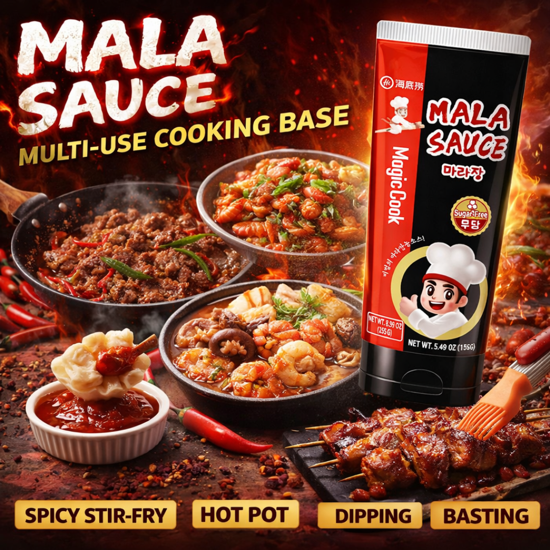 HAIDILAO Magic Cook Mala Sauce marketing image showing sauce used in stir-fry, hot pot, dipping, and basting with dishes of spicy noodles, seafood, and skewers