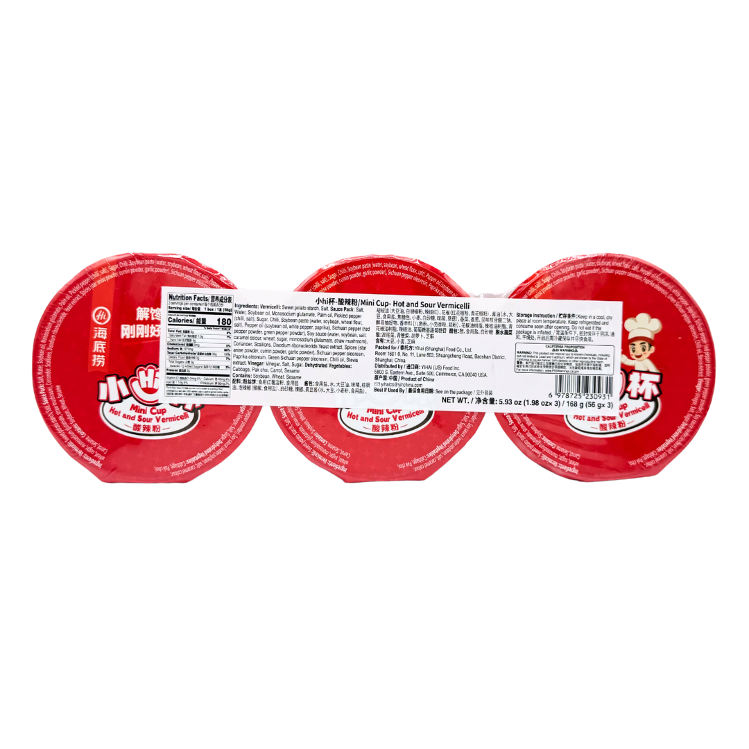 HAIDILAO Mini Cup Hot and Sour Vermicelli 3-pack package back with ingredients and nutrition facts