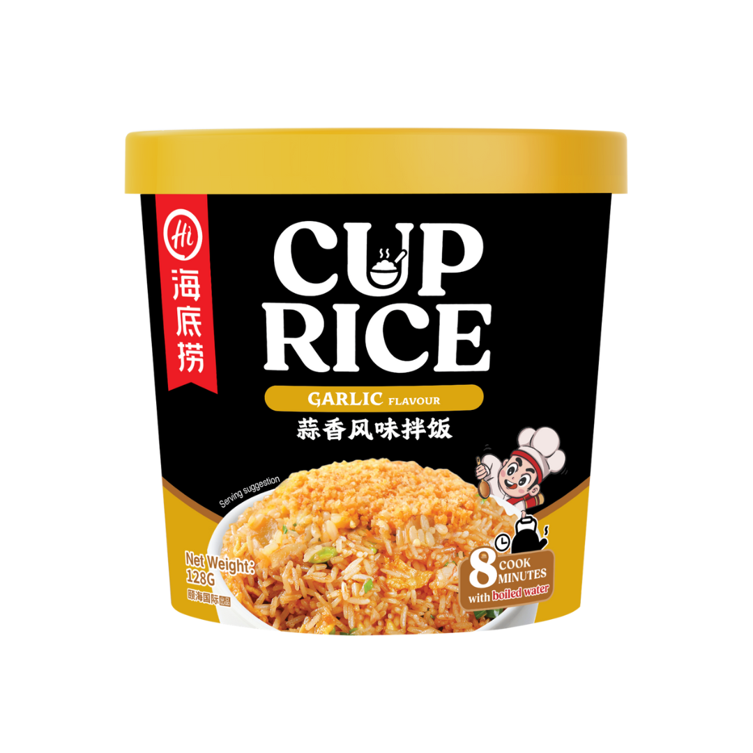 HAIDILAO Cup Rice, Garlic Flavor instant ready-to-eat meal cup, 128g, with photo of garlic fried rice and 8-minute cook time
