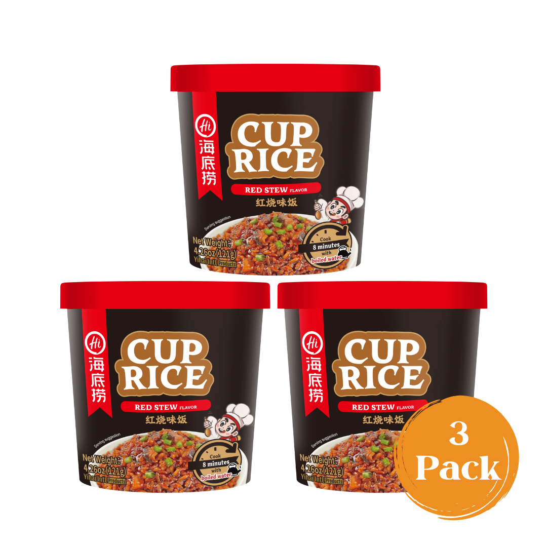 3-pack of HAIDILAO Cup Rice, Red Stew Flavor packages
