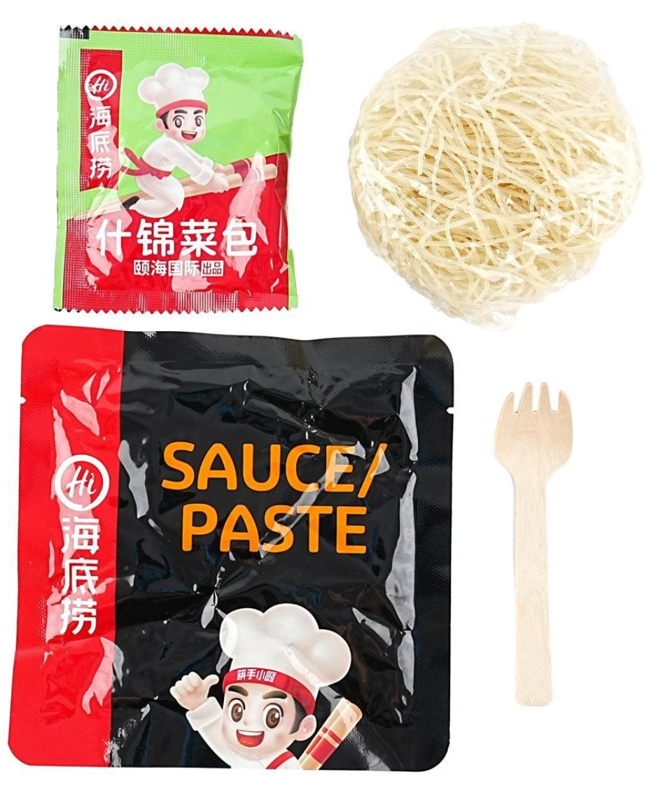 HAIDILAO Golden Sour Soup Vermicelli contents: vermicelli noodles, mixed vegetable packet, sauce paste packet, and wooden fork