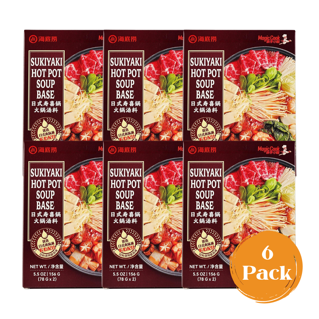 Six-pack of HAIDILAO Sukiyaki Hot Pot Soup Base boxes arranged in two rows