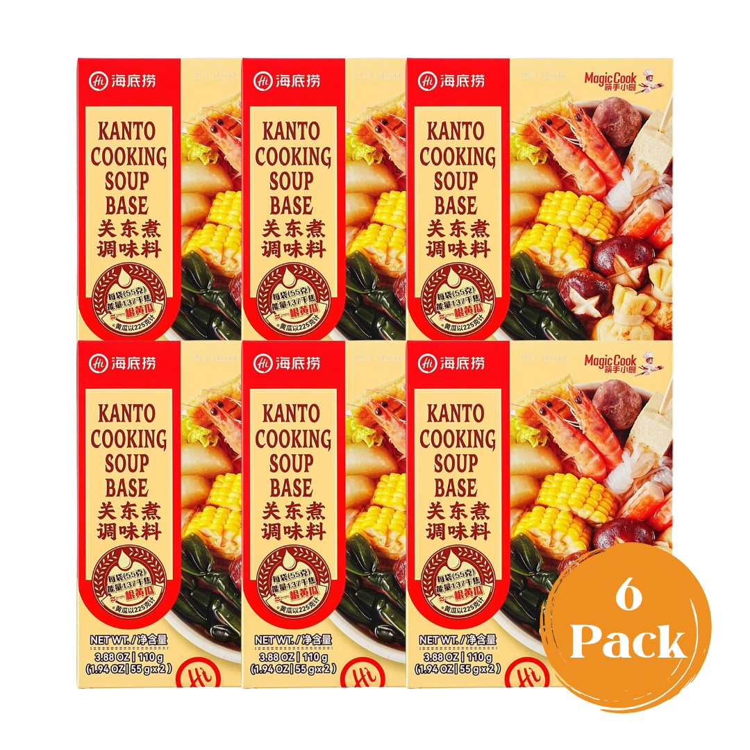 Six-pack of HAIDILAO Kanto Cooking Soup Base boxes arranged in two rows
