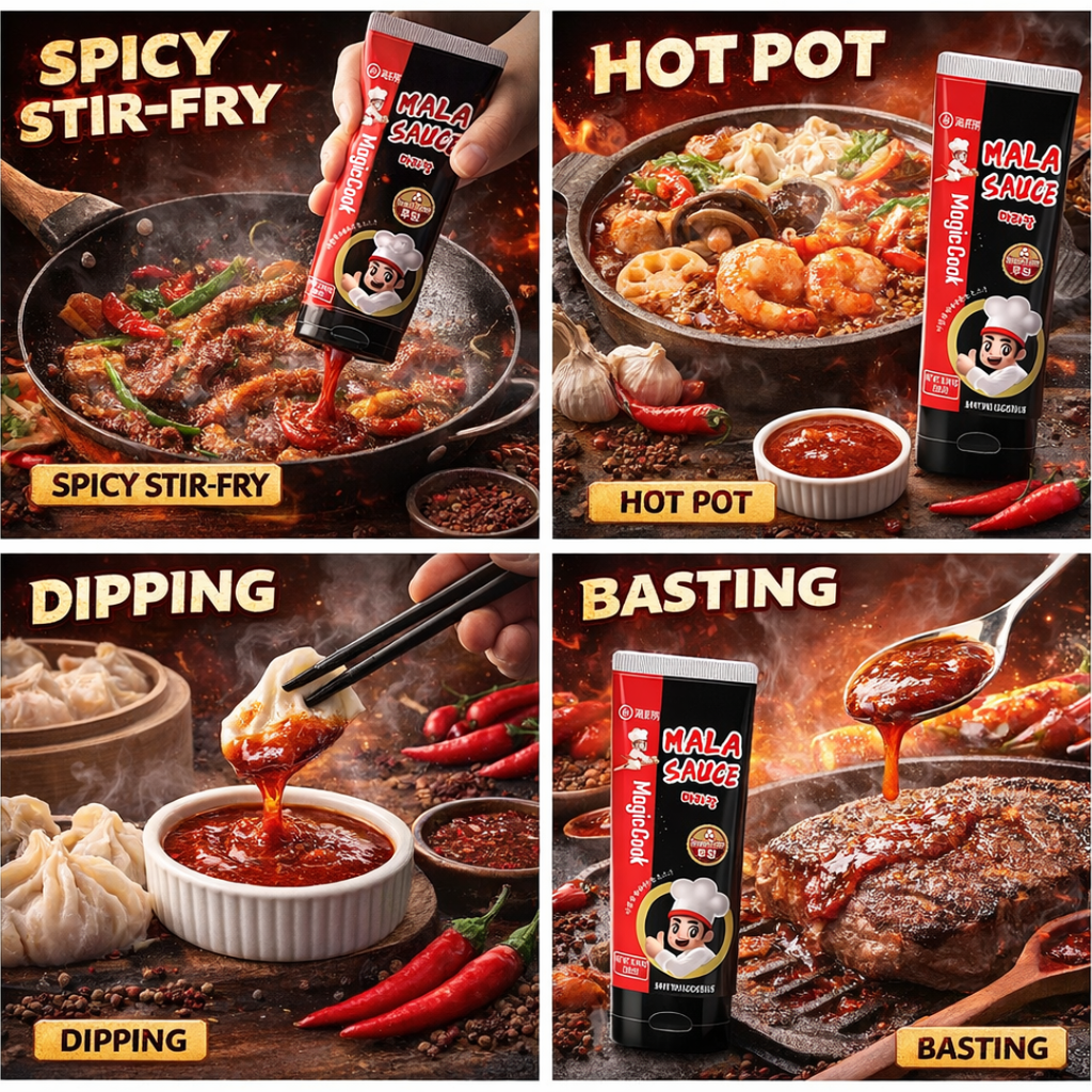 HAIDILAO Magic Cook Mala Sauce use cases: spicy stir-fry, hot pot, dipping for dumplings, and basting grilled steak