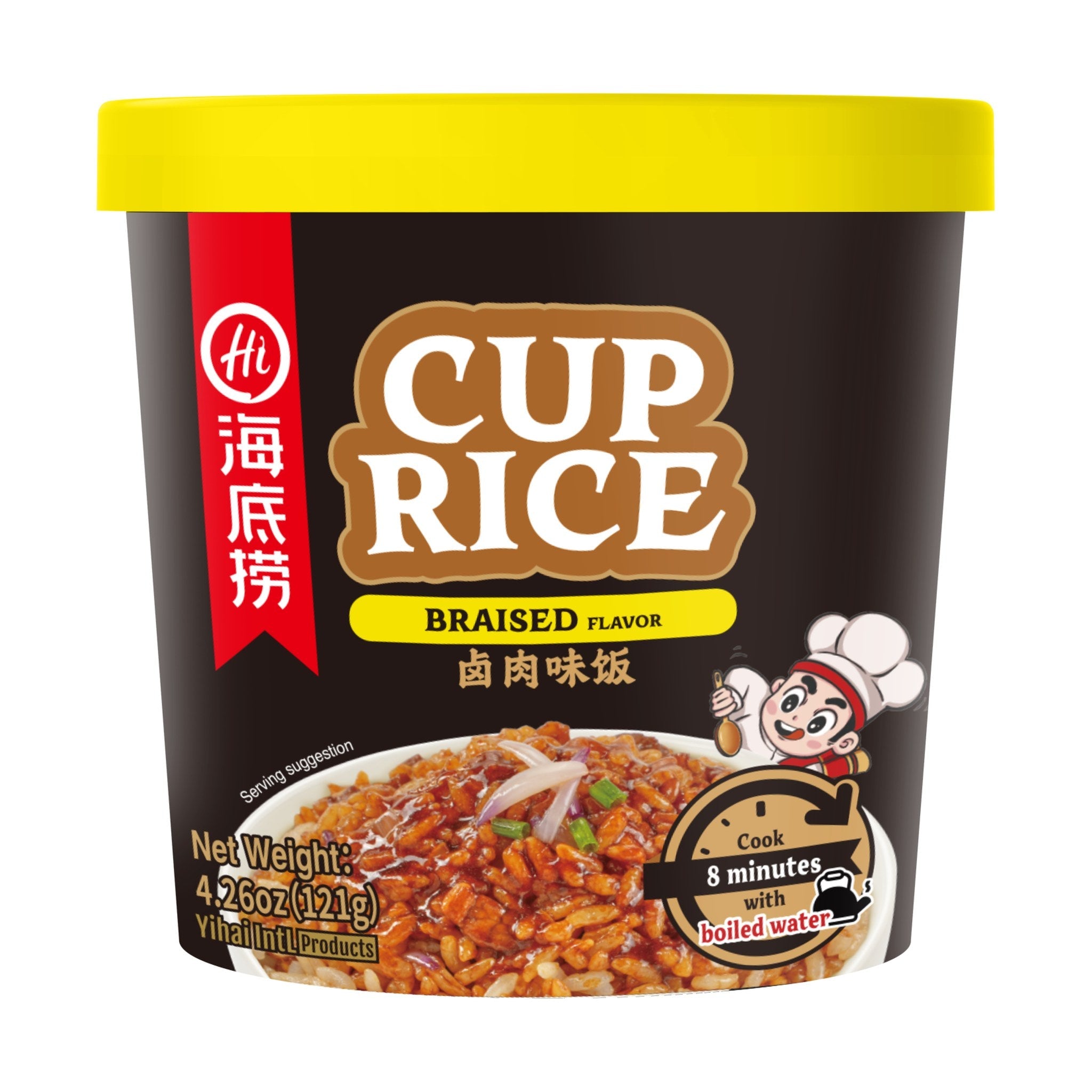 HAIDILAO Cup Rice, Braised Flavor, 4.26oz (121g) package front, product photo on a white background