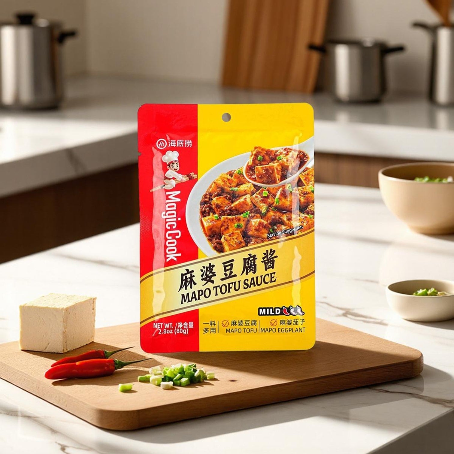 HAIDILAO Mapo Tofu Sauce package displayed on a kitchen countertop with tofu, chili peppers, and scallions