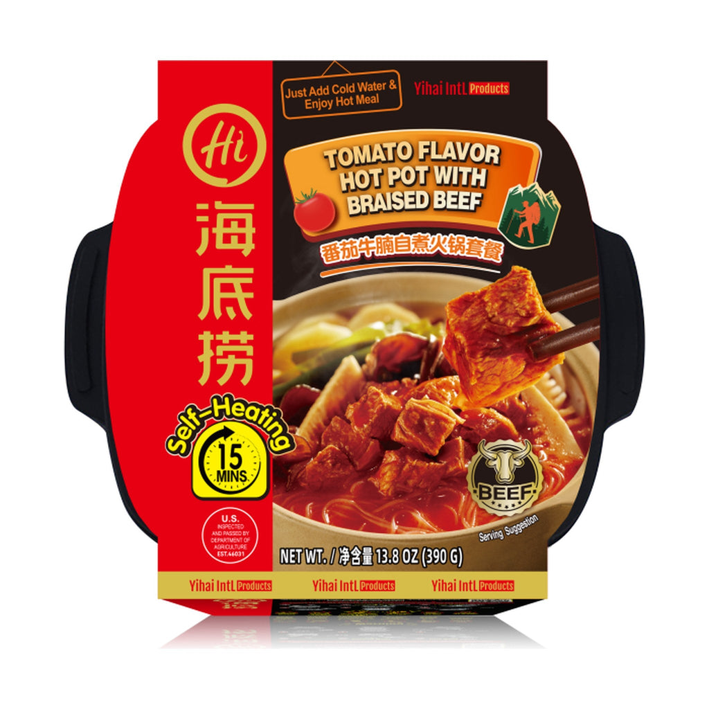 HAIDILAO Self-Heating Hot Pot with Braised Beef, Tomato Flavor, 13.8oz (390g) package front, product photo on a white background