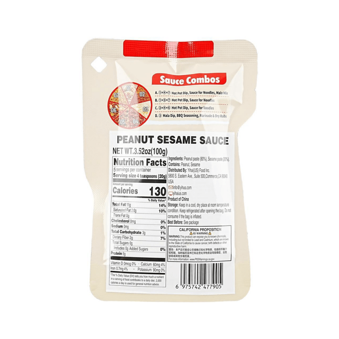 HAIDILAO Peanut Sesame Sauce package back with sauce combo guide, ingredients, and nutrition facts