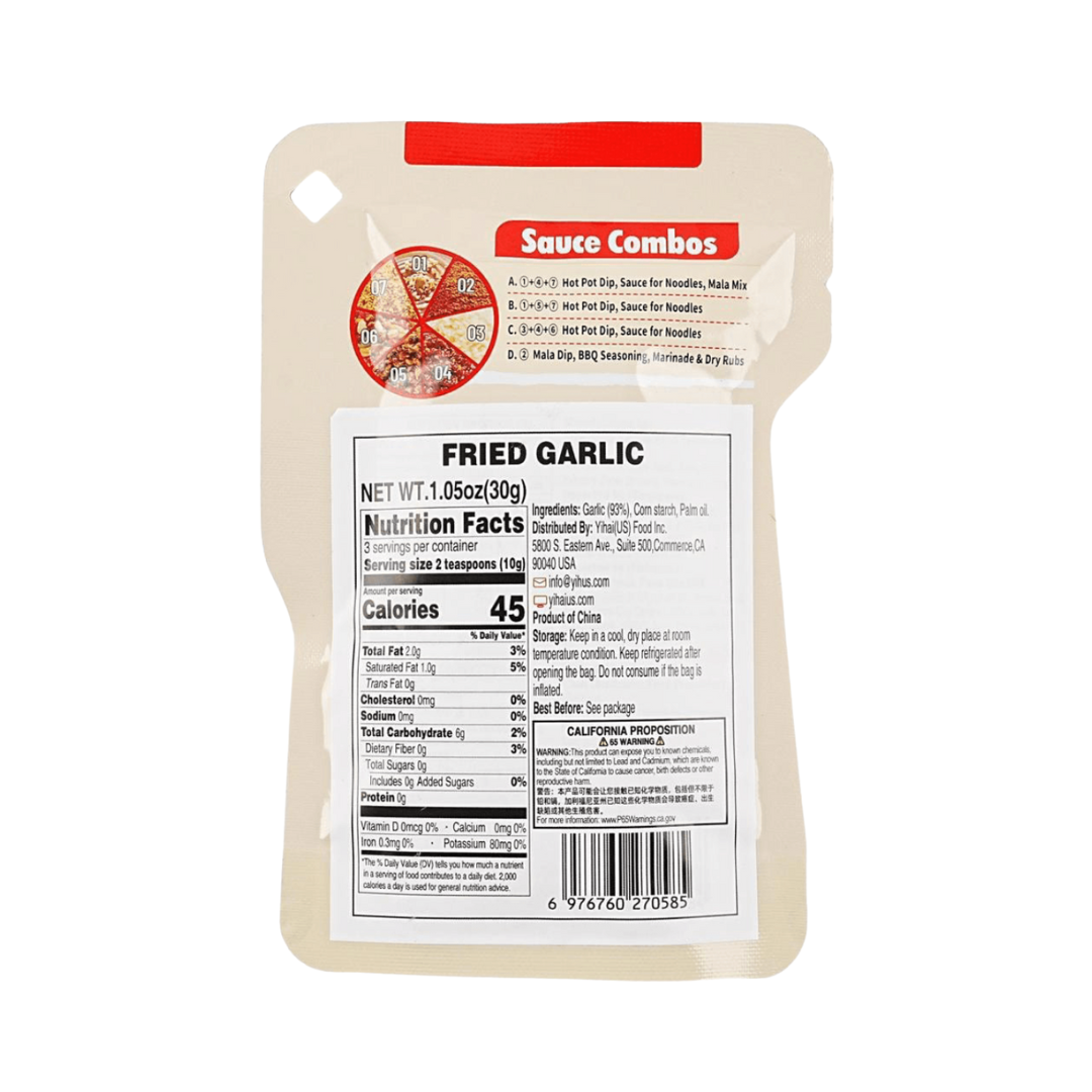 HAIDILAO Fried Garlic package back with sauce combo guide, ingredients, and nutrition facts