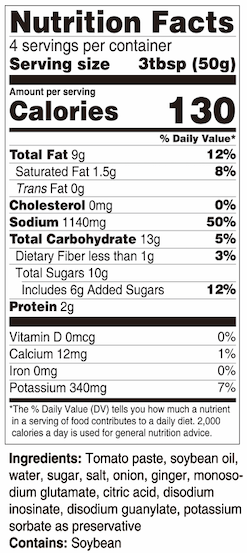 Nutrition Facts and ingredient label for HAIDILAO Tomato Hot Pot Soup Base, contains soybean