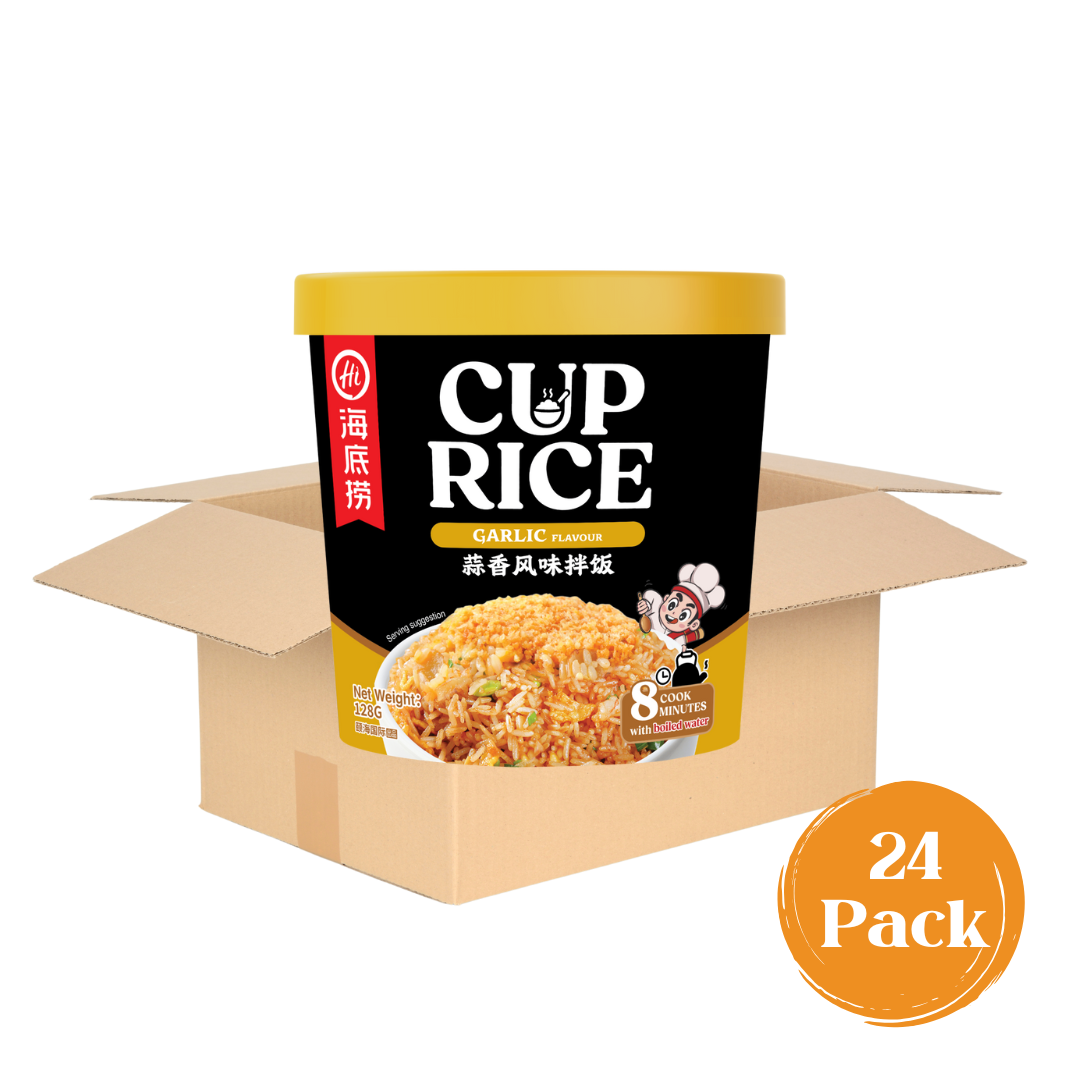 Bulk case of 24 HAIDILAO Cup Rice, Garlic Flavor instant meal cups shown with shipping box