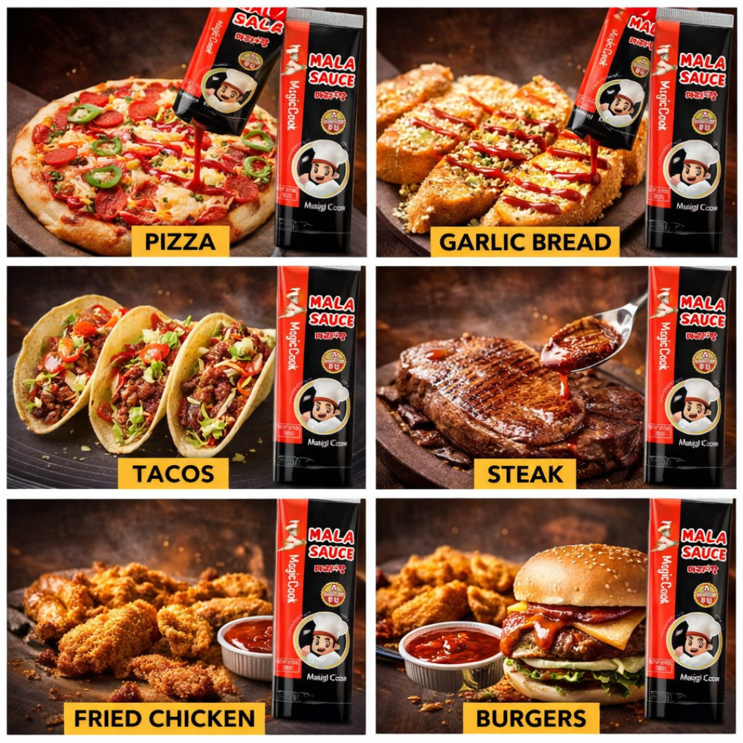 HAIDILAO Magic Cook Mala Sauce shown drizzled on pizza, garlic bread, tacos, steak, fried chicken, and burgers