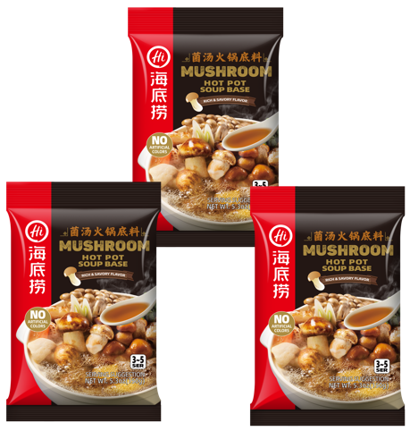 Three packs of HAIDILAO Mushroom Hot Pot Soup Base, 5.3oz (150g) each