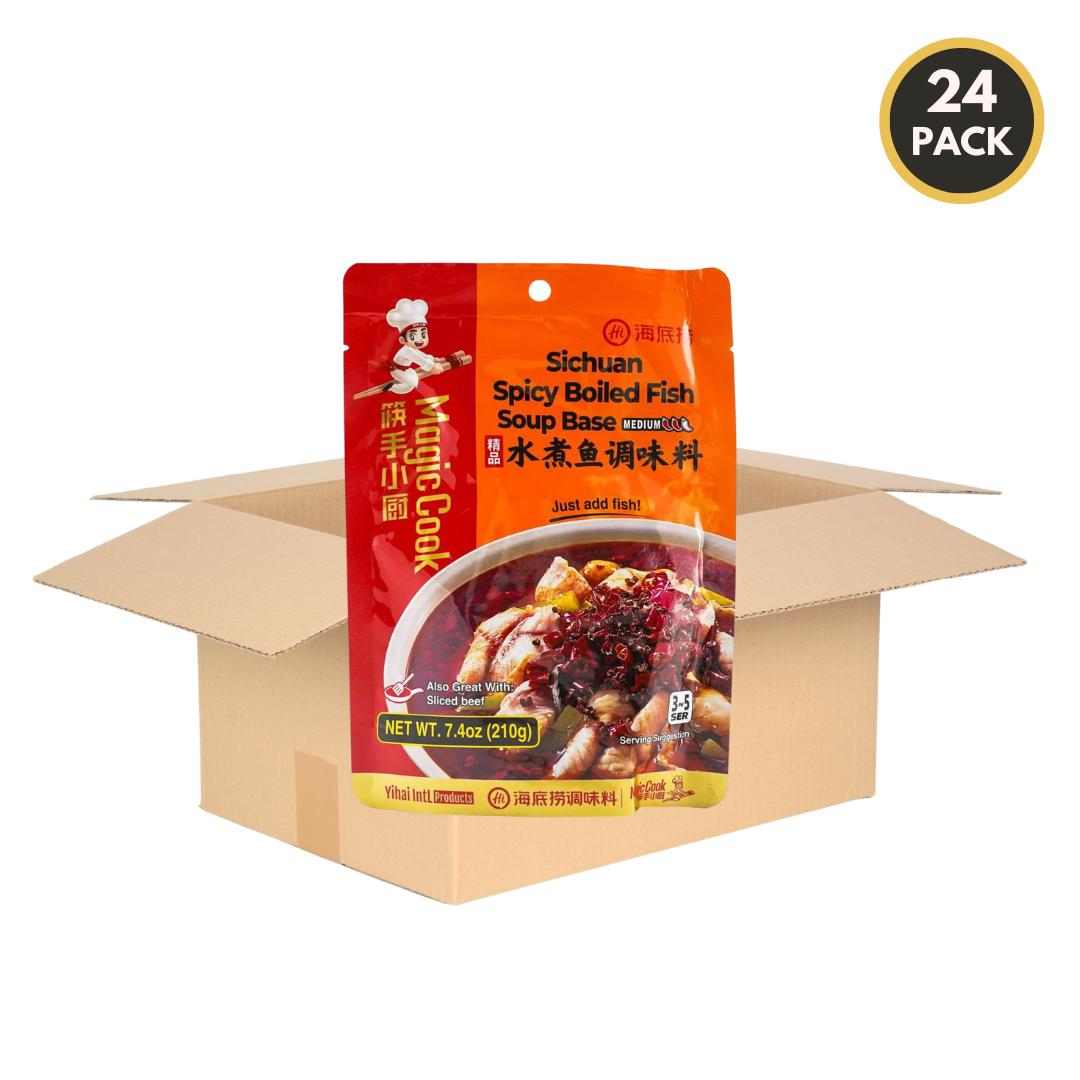 24-pack case of HAIDILAO Sichuan Spicy Boiled Fish Soup Base with open shipping box