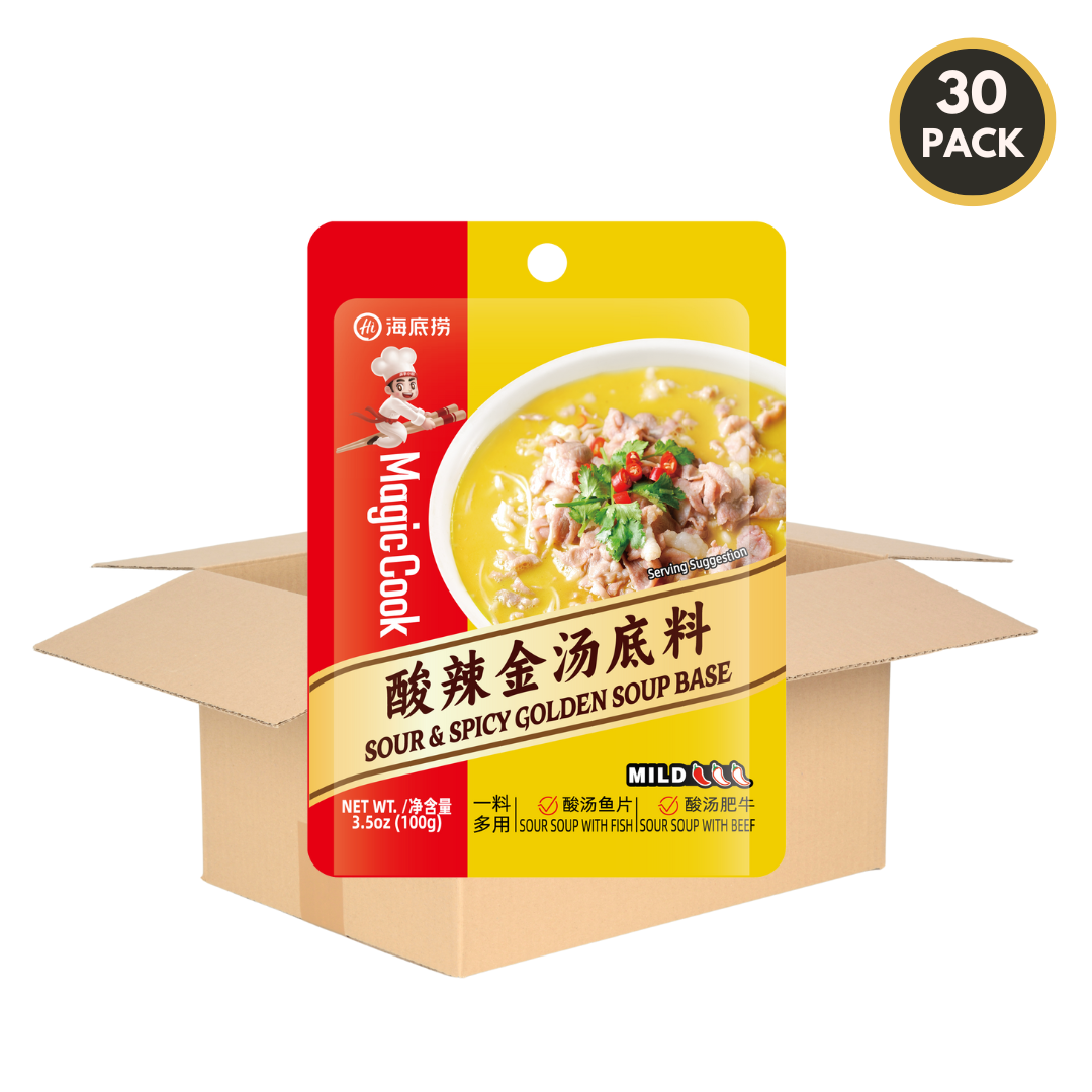 30-pack case of HAIDILAO Sour & Spicy Golden Soup Base with open shipping box