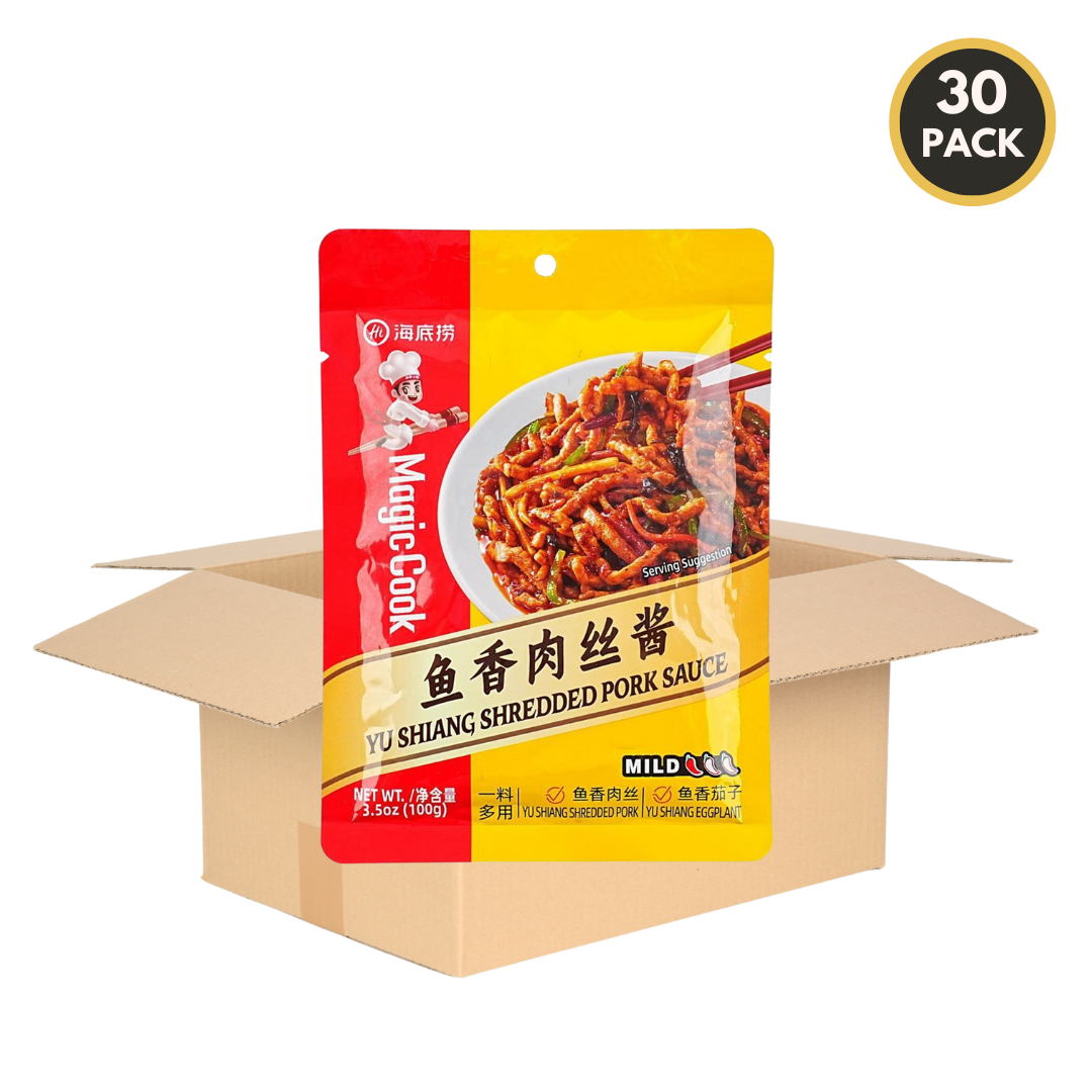 30-pack case of HAIDILAO Yu-Shiang Shredded Pork Sauce with open shipping box