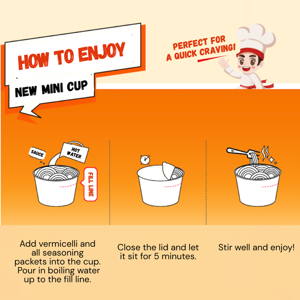 How to prepare HAIDILAO Mini Cup noodles: add vermicelli and seasoning, add hot water, close lid for 5 minutes, then stir and enjoy