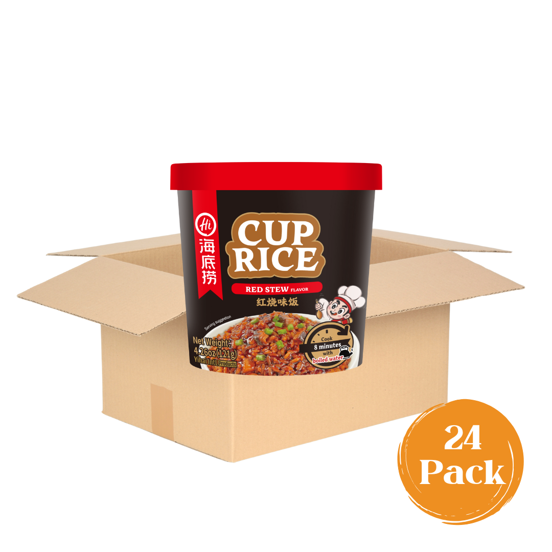 24-pack case of HAIDILAO Cup Rice, Red Stew Flavor with open shipping box