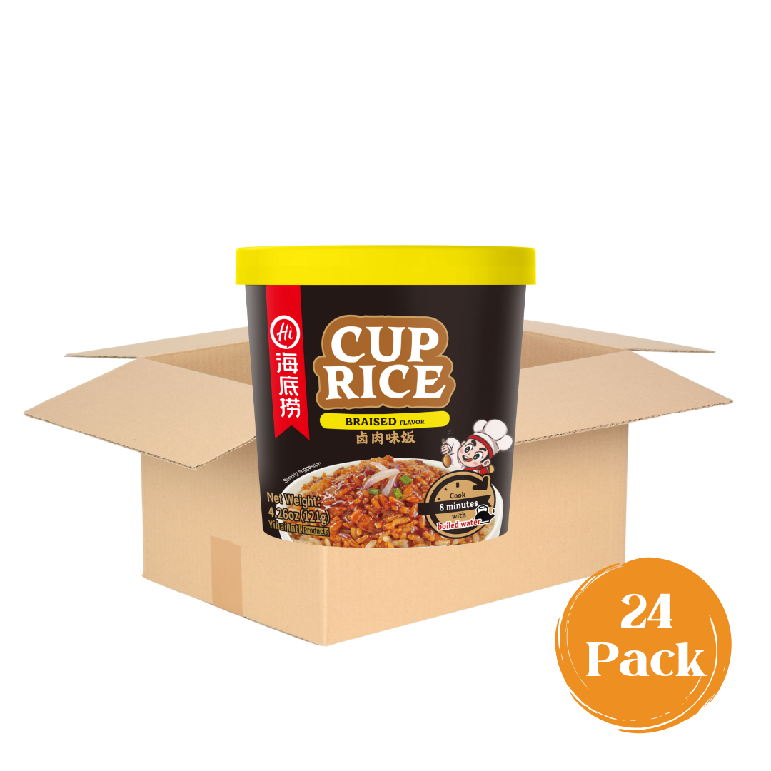 24-pack case of HAIDILAO Cup Rice, Braised Flavor with open shipping box