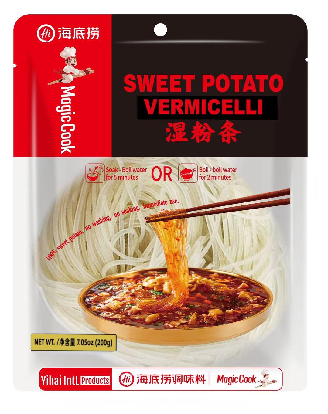 HAIDILAO Magic Cook Sweet Potato Vermicelli, 7.05oz (200g) package front, with prepared noodles in spicy sauce lifted by chopsticks