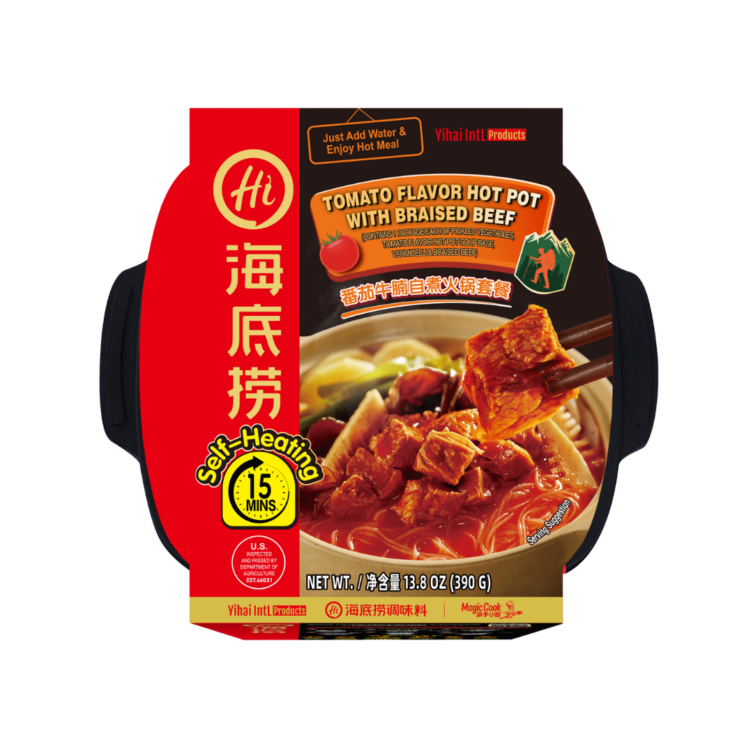 HAIDILAO Self-Heating Hot Pot with Braised Beef, Tomato Flavor, 13.8oz self-heating tray, 15-minute self-heating meal, just add water