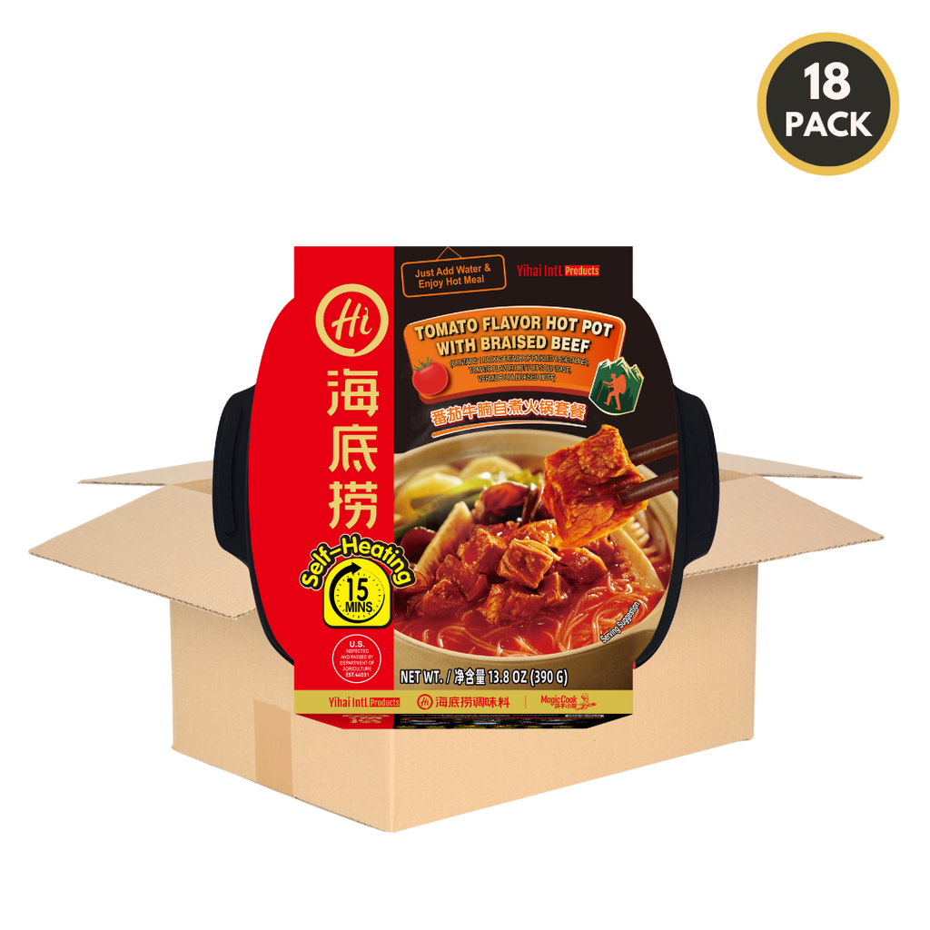 Bulk case of 18 HAIDILAO Self-Heating Hot Pot with Braised Beef, Tomato Flavor, shown with shipping box