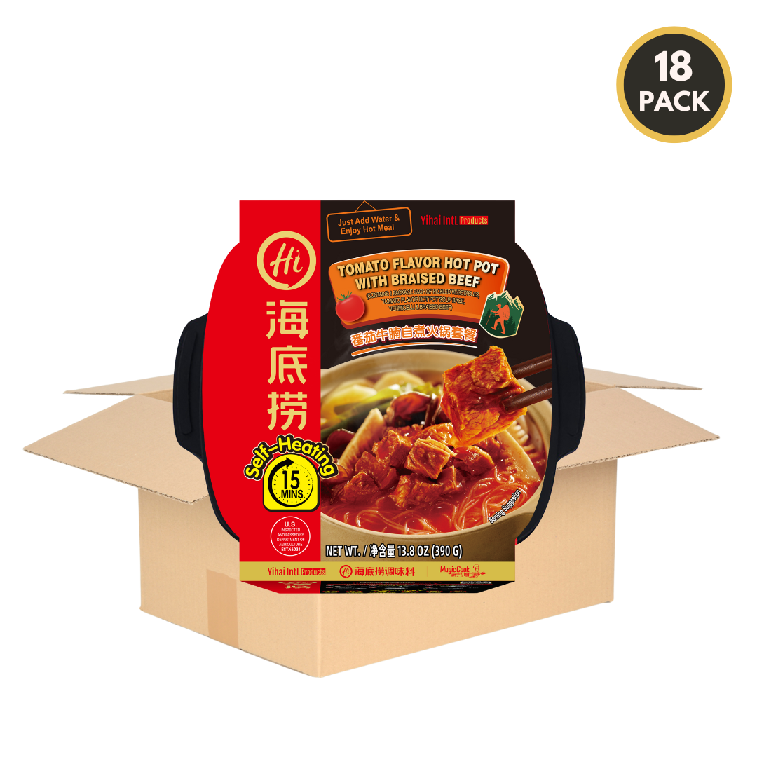 Bulk case of 18 HAIDILAO Self-Heating Hot Pot with Braised Beef, Tomato Flavor, shown with shipping box