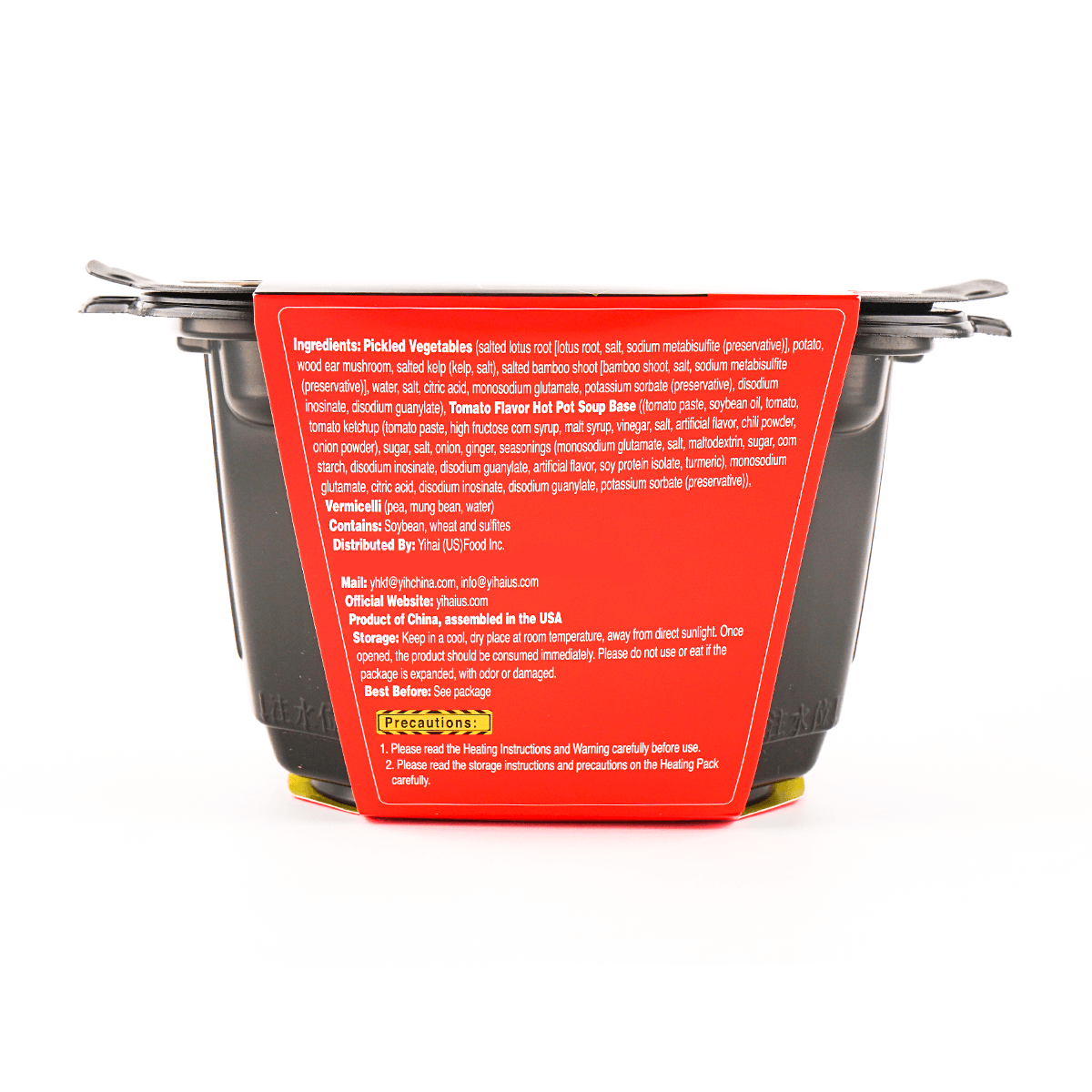 Ingredient and allergen label for HAIDILAO Tomato Flavor Hot Pot with Vegetables, contains soybean, wheat, and sulfites