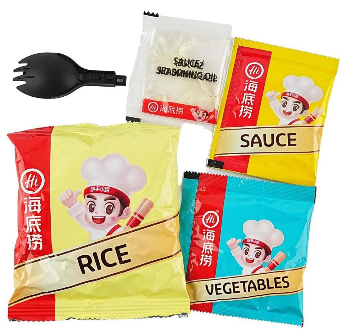 HAIDILAO Cup Rice contents: rice packet, vegetables packet, sauce packet, seasoning oil packet, and fork spoon