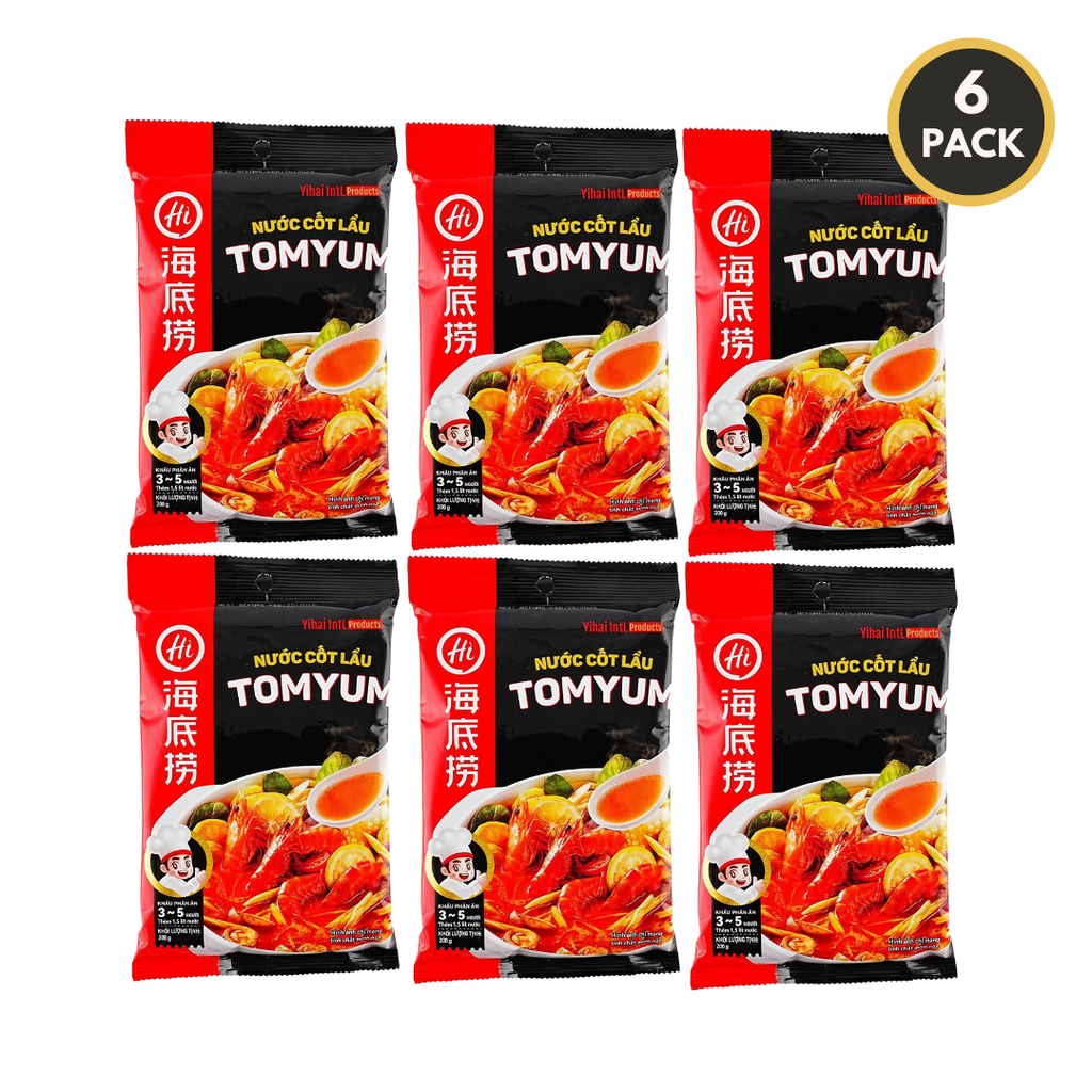 Six-pack of HAIDILAO Tom Yum hot pot soup base packages