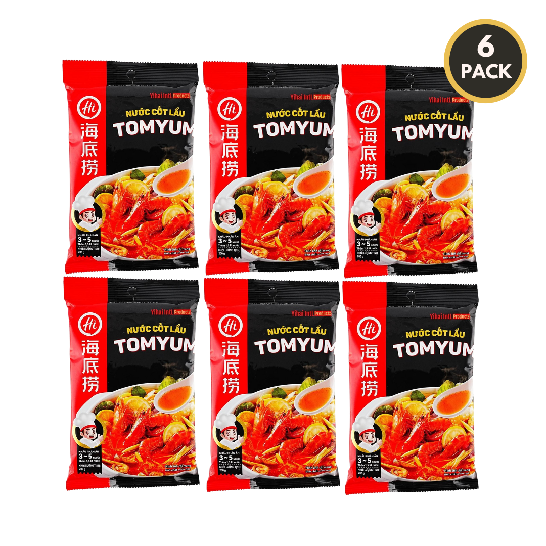 Six-pack of HAIDILAO Tom Yum hot pot soup base packages