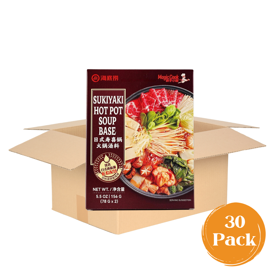 Bulk 30-pack case of HAIDILAO Sukiyaki Hot Pot Soup Base shown with an open shipping box