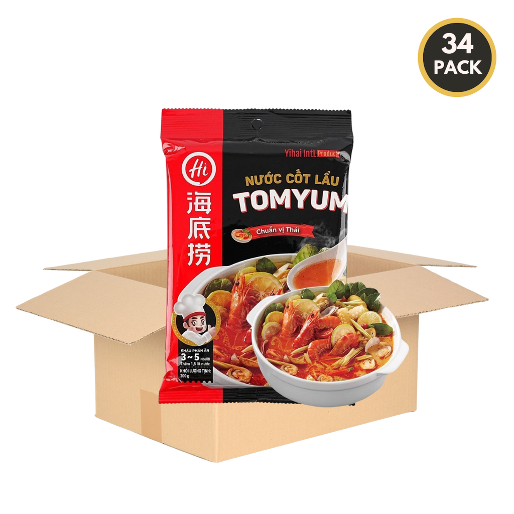 Bulk case of 34 HAIDILAO Tom Yum hot pot soup base packages shown with shipping box