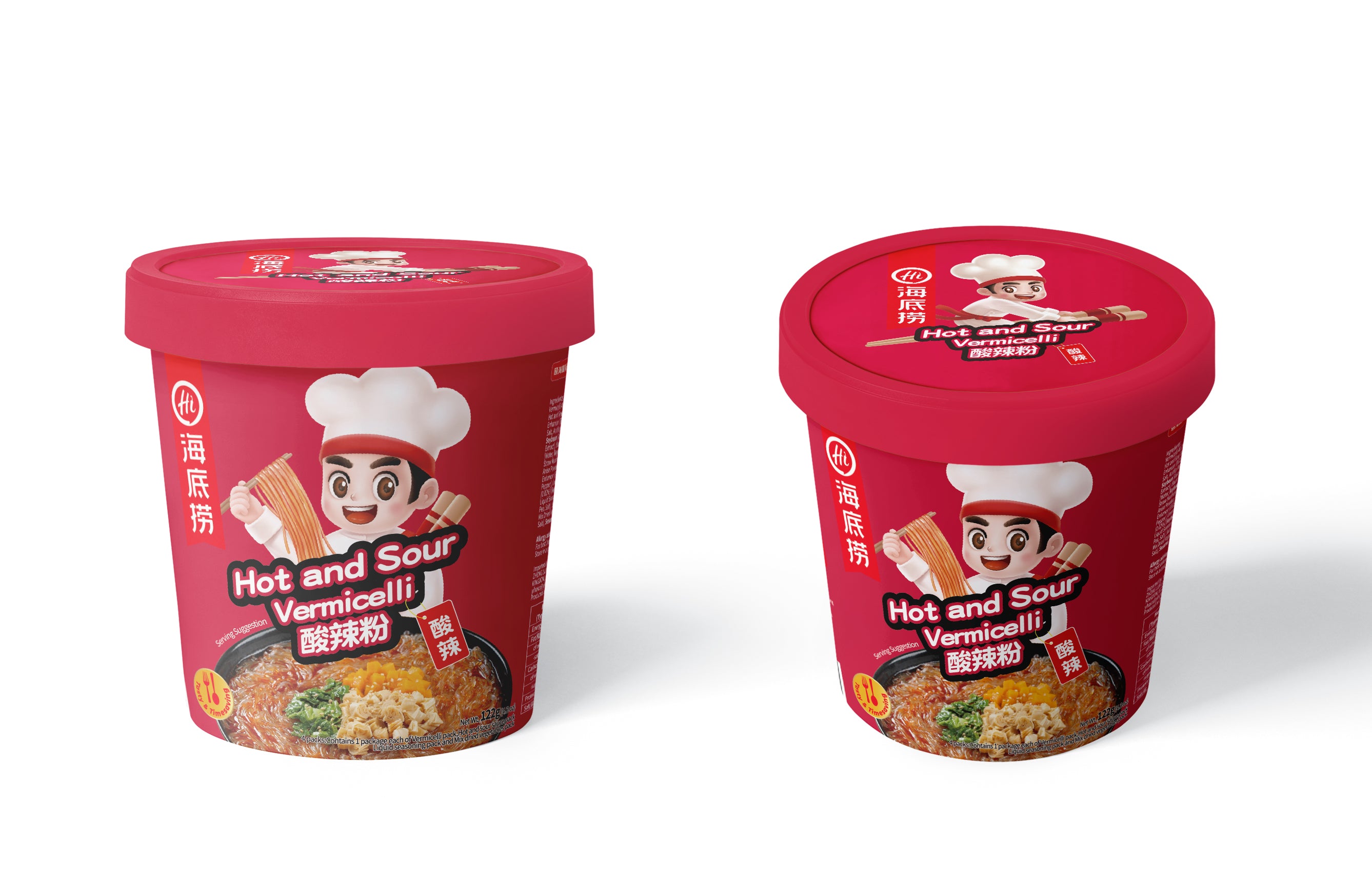 HAIDILAO Hot and Sour Vermicelli instant cup noodles, spicy Chongqing-style, two cup sizes shown