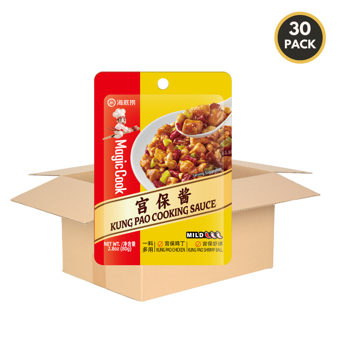 30-pack case of HAIDILAO Kung Pao Cooking Sauce with open shipping box