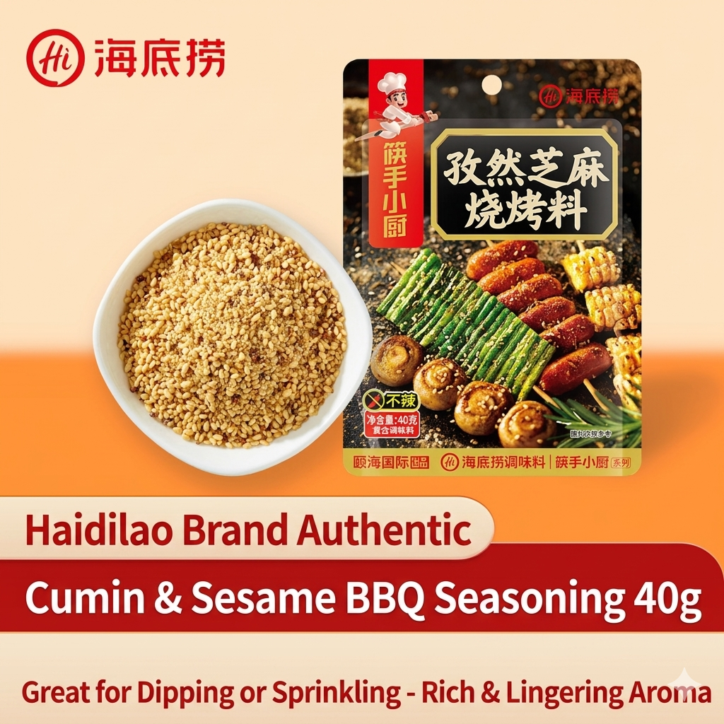 Bowl of HAIDILAO Cumin & Sesame BBQ Seasoning next to the package, great for dipping or sprinkling