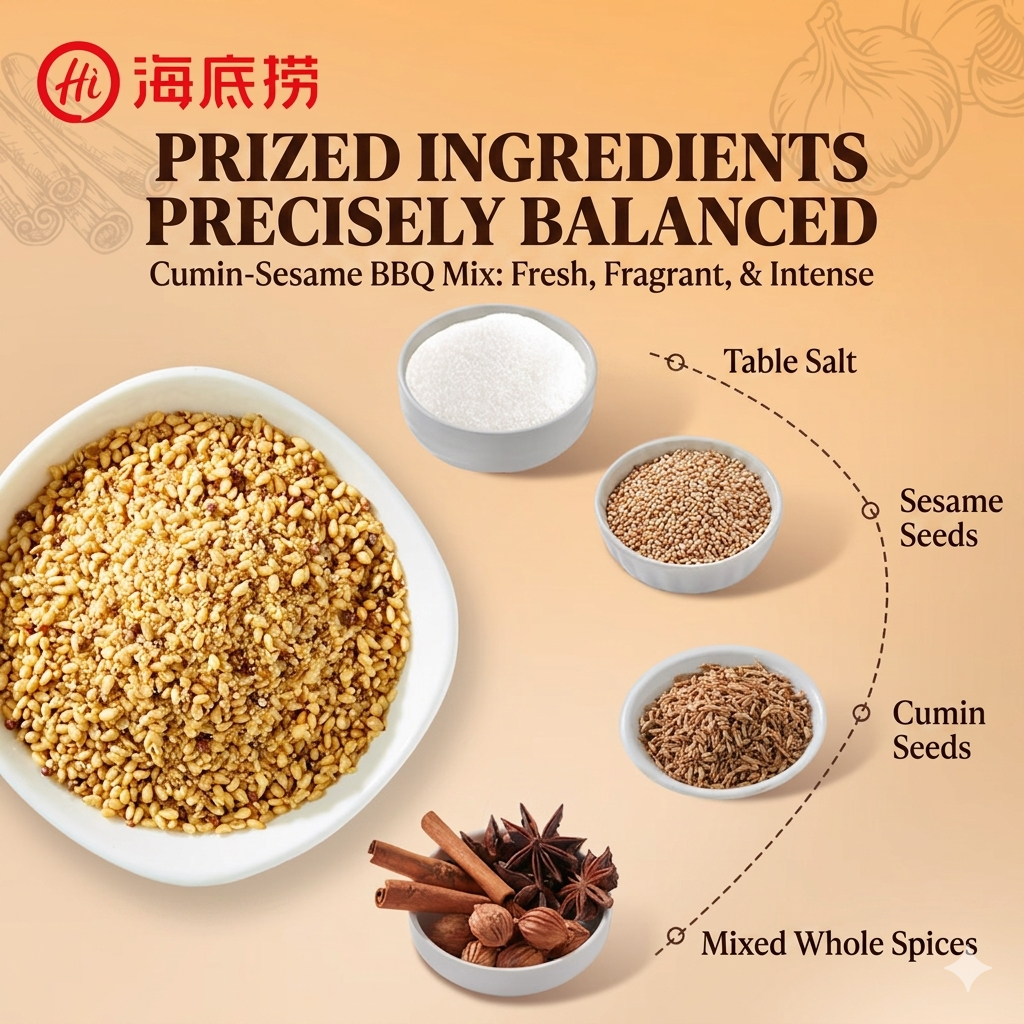 HAIDILAO Cumin Sesame BBQ Mix ingredients: table salt, sesame seeds, cumin seeds, and mixed whole spices