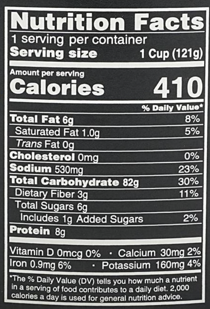 Nutrition facts label for HAIDILAO Cup Rice, Braised Flavor